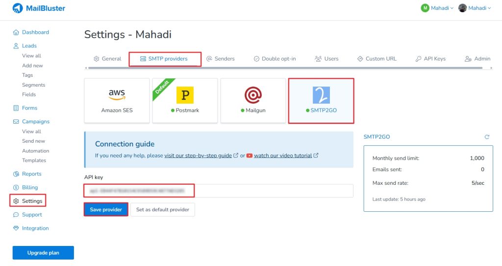 SMTP2GO section on MailBluster