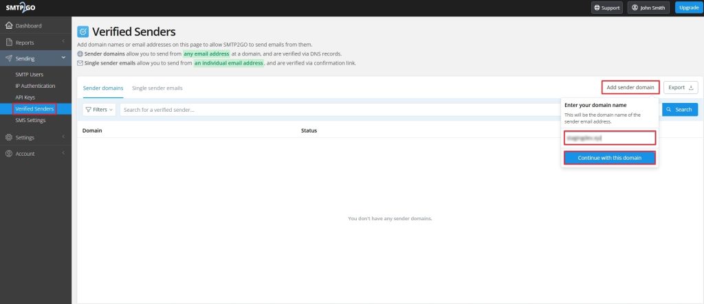 Verified Senders on SMTP2GO