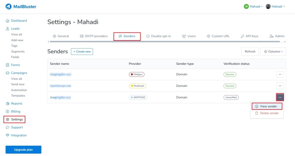 Senders section on MailBluster for SMTP setup