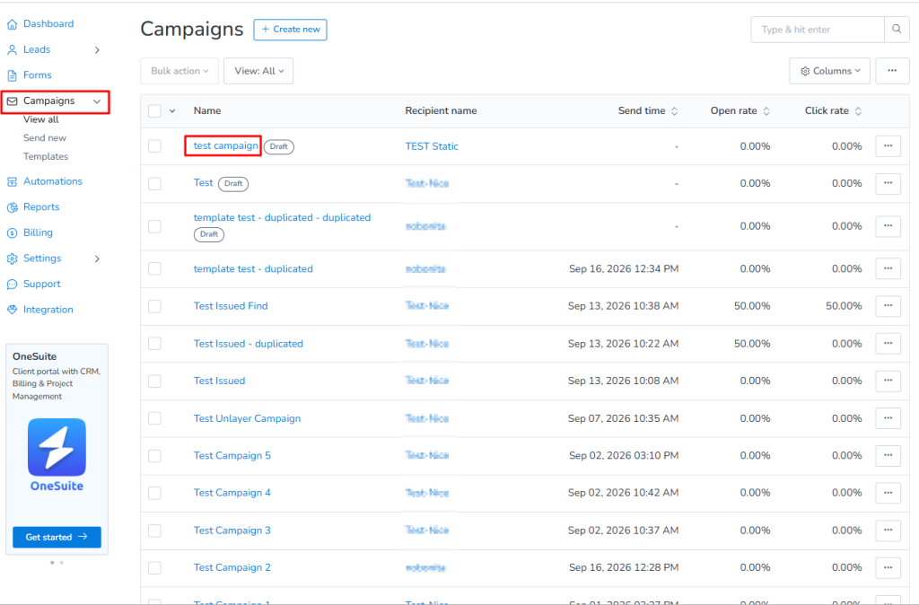 Campaign section in MailBluster