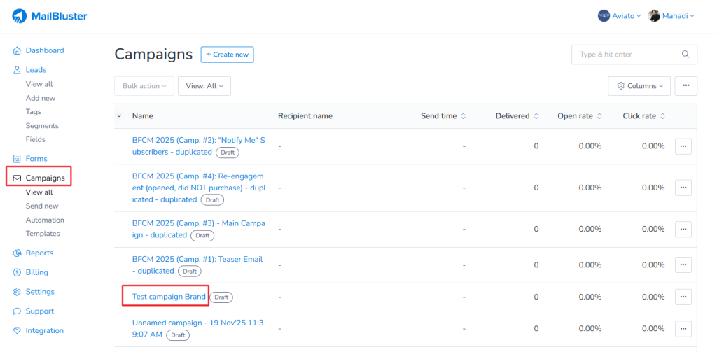 Campaign section in MailBluster