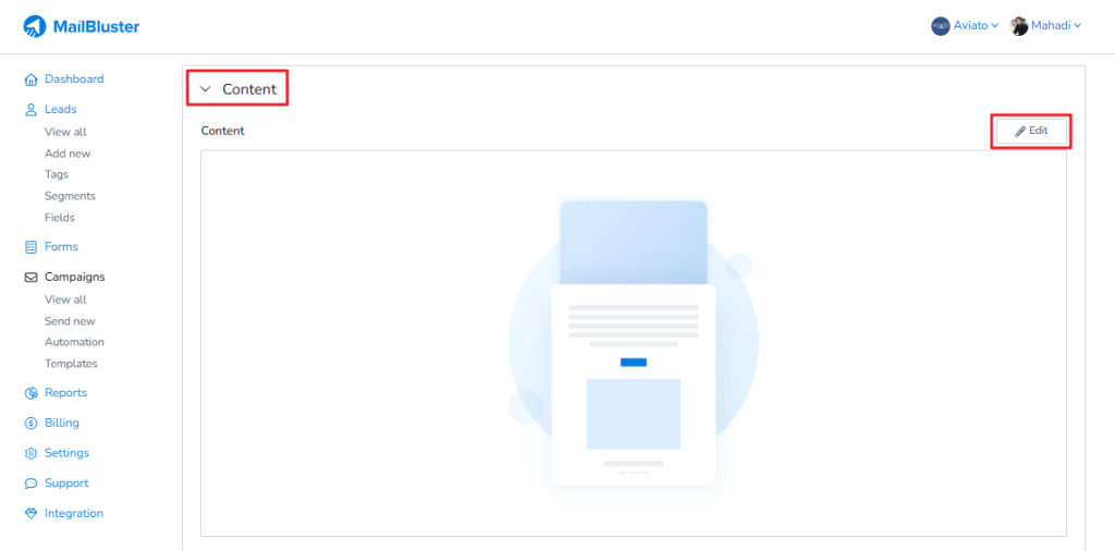 Content section in MailBluster