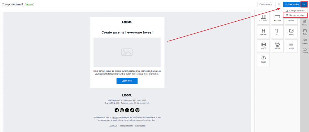 Save as template on Compose email
