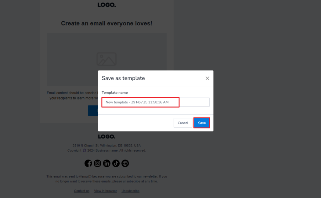 Save as template pop up box