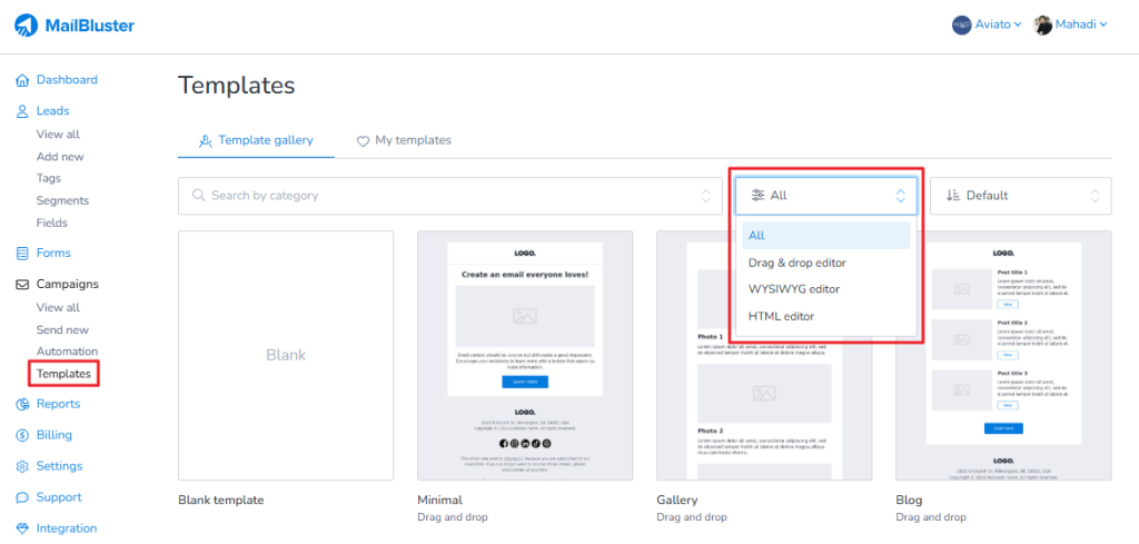 Template editor on MailBluster