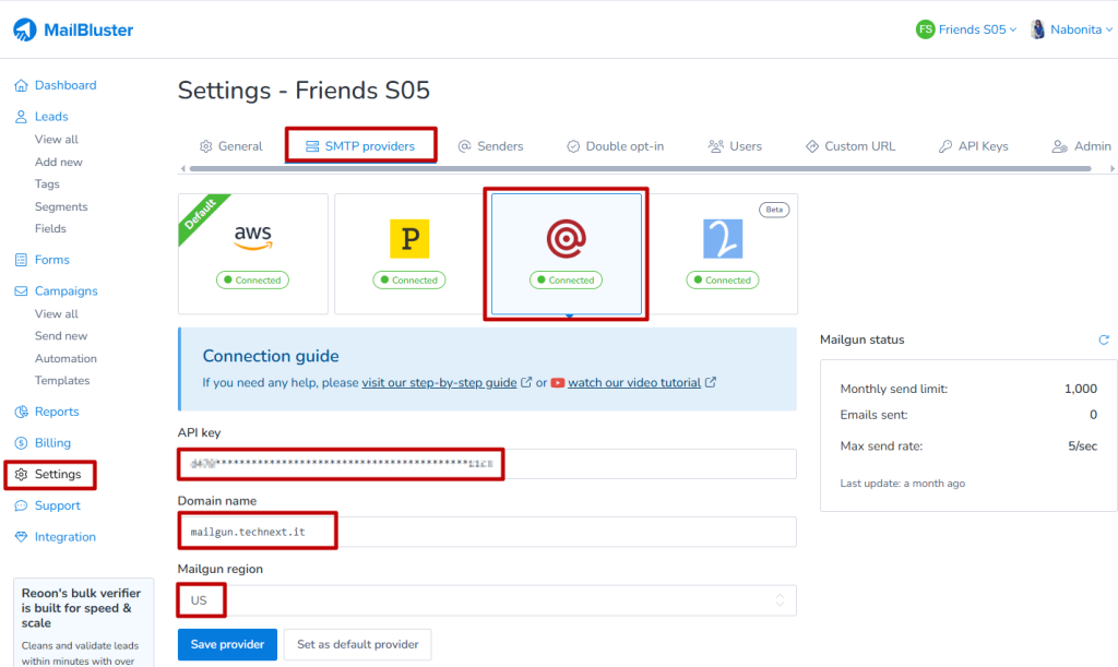 You need to paste API key, Domain Name and Mailgun region from your Mailgun account to MailBluster.