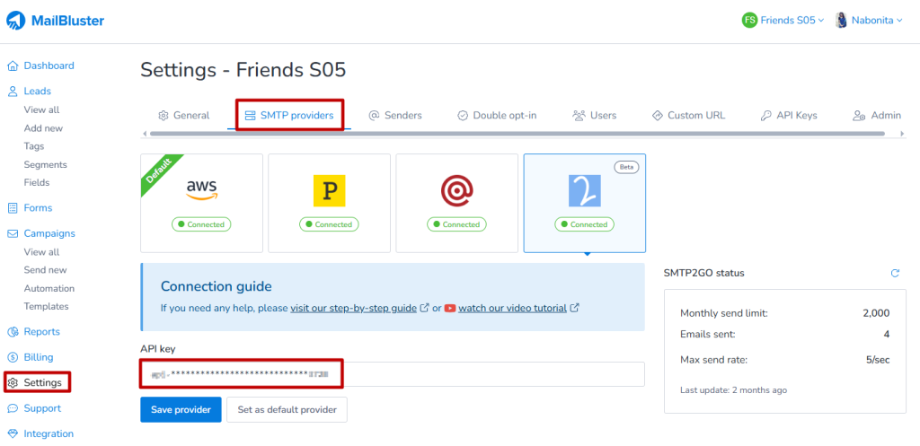 You need to paste API key from your SMTP2GO account to MailBluster.