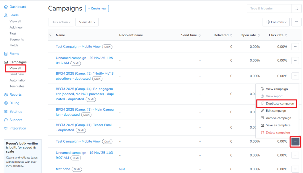 Click on the three dots ellipsis. Then click on Duplicate campaign.