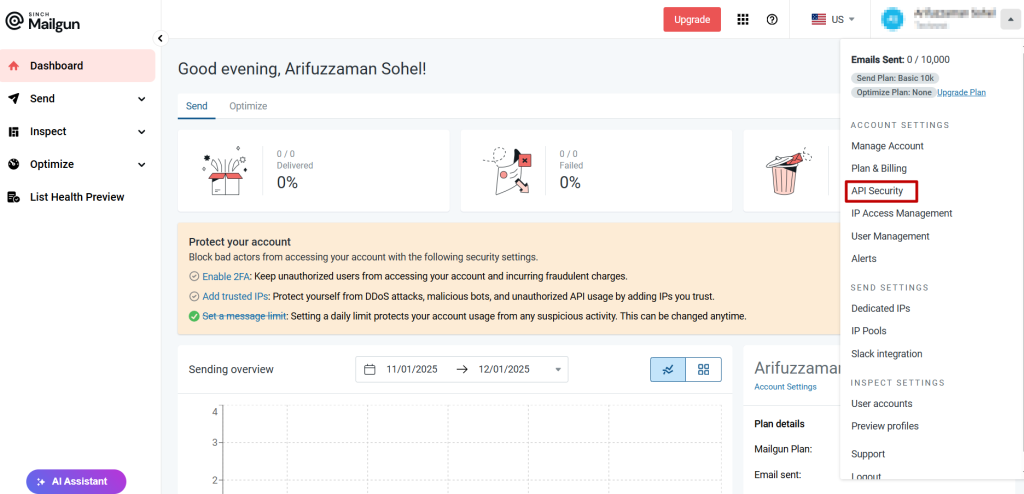 Go to your Account Settings > API Security