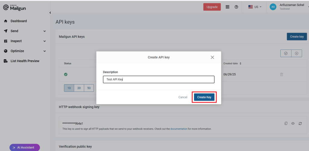 Enter the name of the API Key in the description. Then click Create Key.