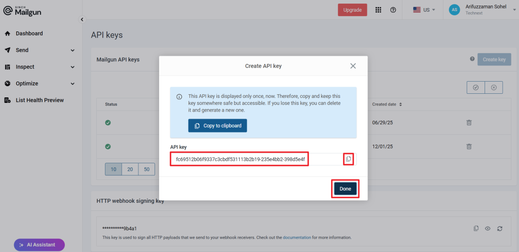 An API key is generated by Mailgun