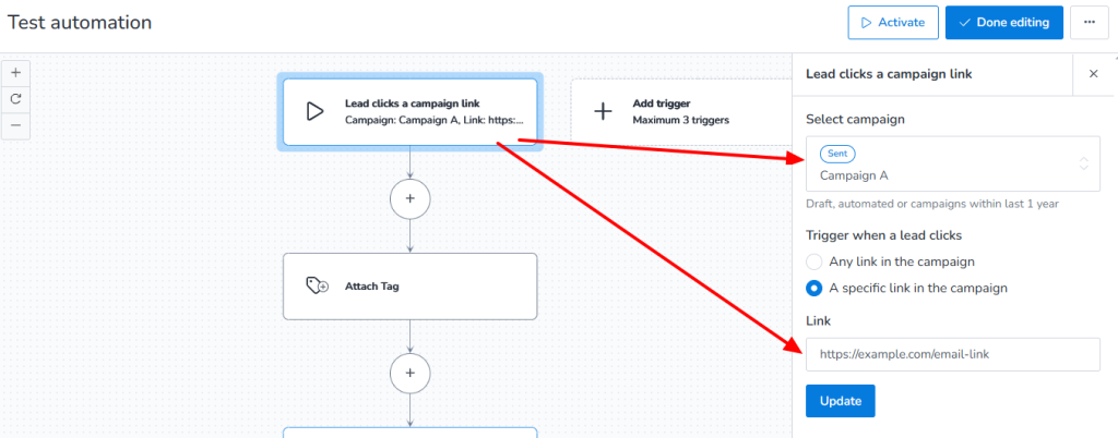 Set up automation trigger for clicked links