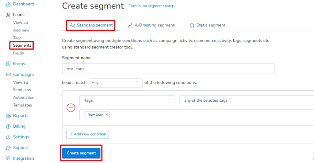 Create standard segment of tags new user