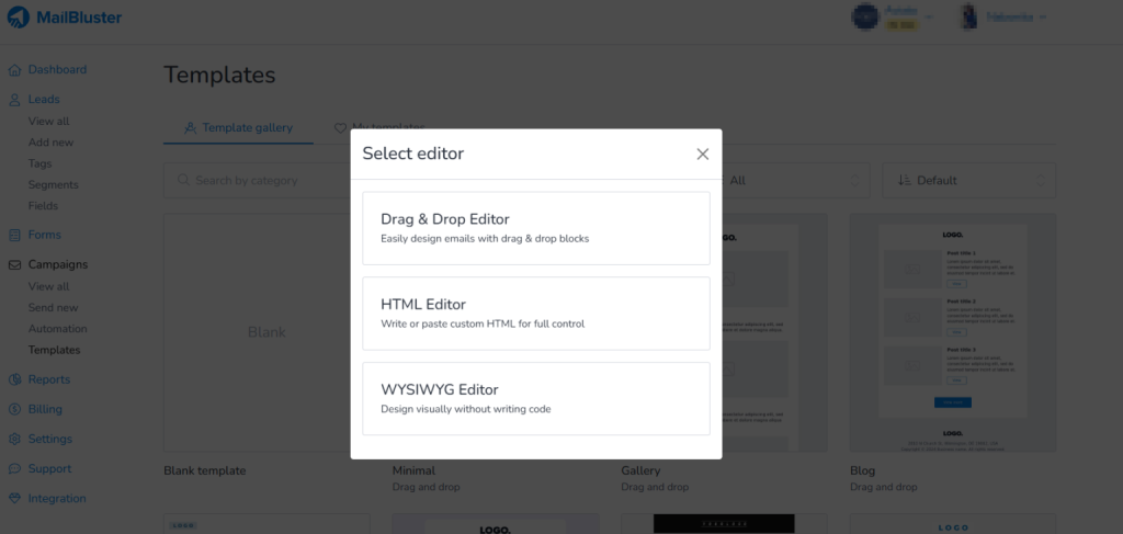 Three types of editor in MailBluster