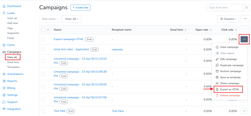 Export campaign HTML