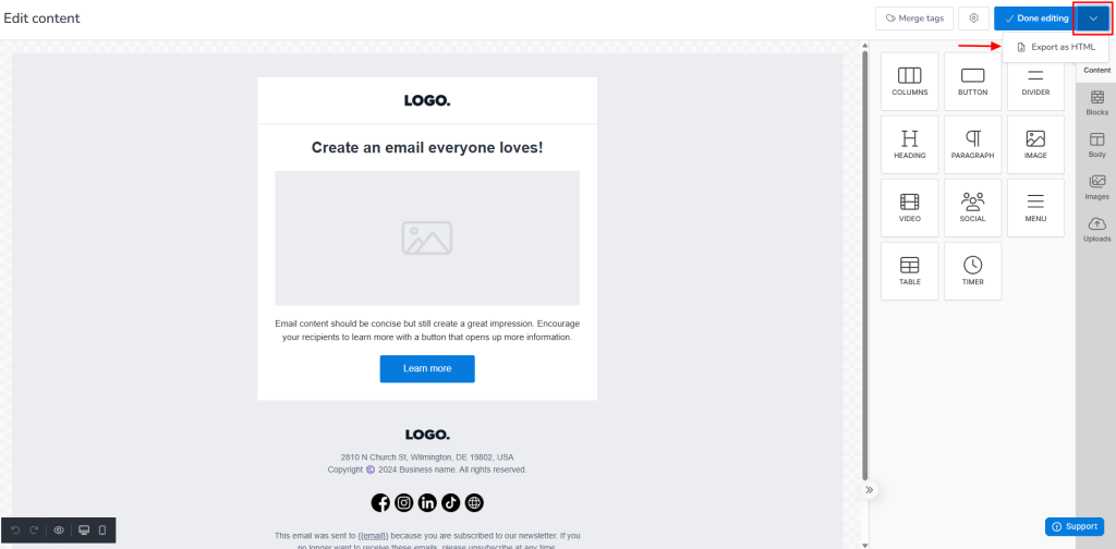 Click on the export HTML