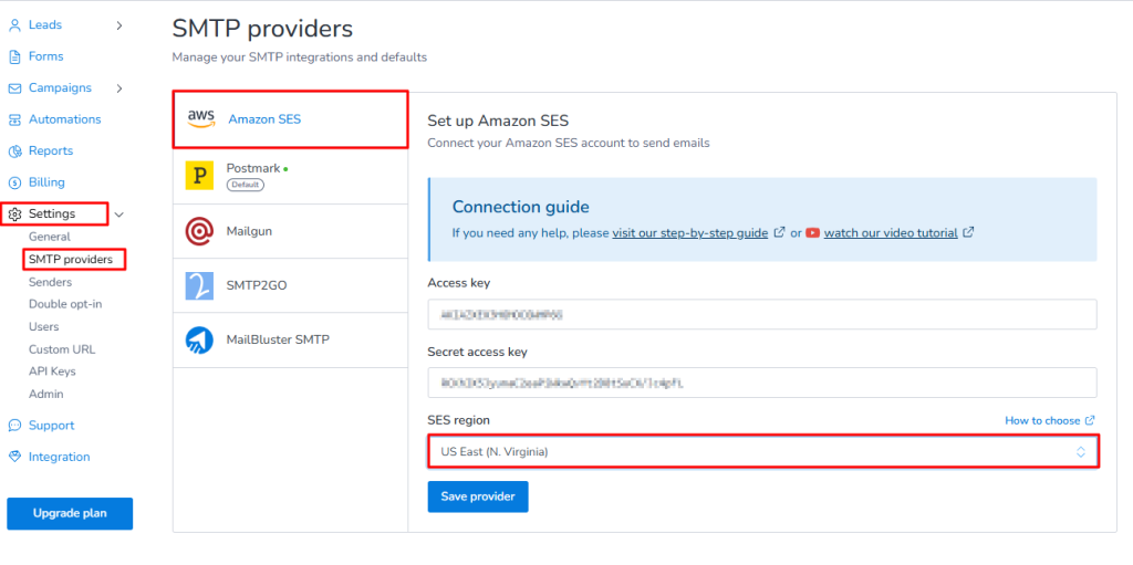 SES region is set in MailBluster AWS Settings