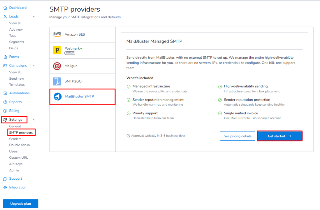 Click on Get started to set up MailBluster SMTP