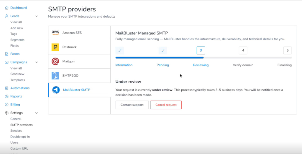Managed SMTP status Reviewing