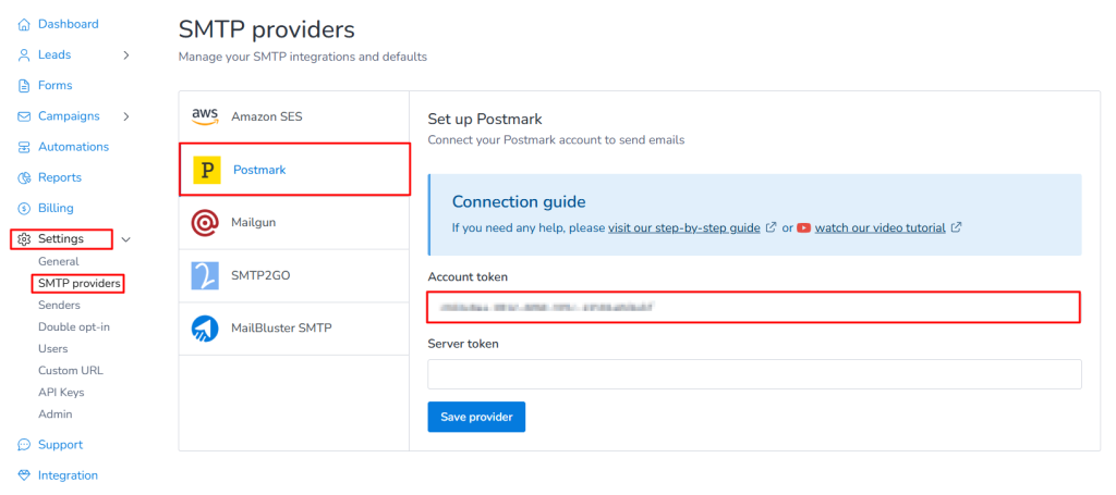 Paste the token value under MailBluster Brand > Settings > SMTP Providers > Postmark Account Token.