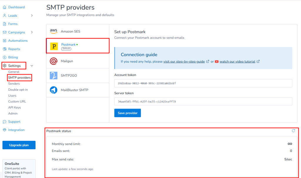 Paste the token value under MailBluster Brand > Settings > SMTP Providers > Postmark> Account Token.