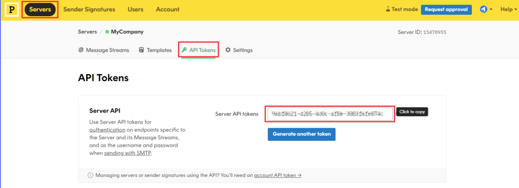 Click on the API Tokens and click on the Server API tokens highlighted below which will copy the token value.