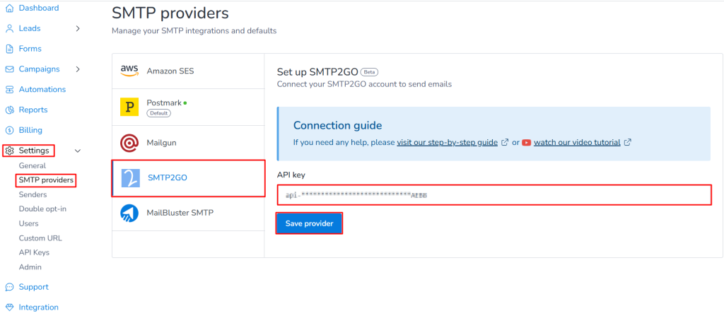 SMTP2GO section on MailBluster