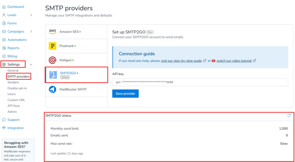 Mailbluster and smtp2go are now connected