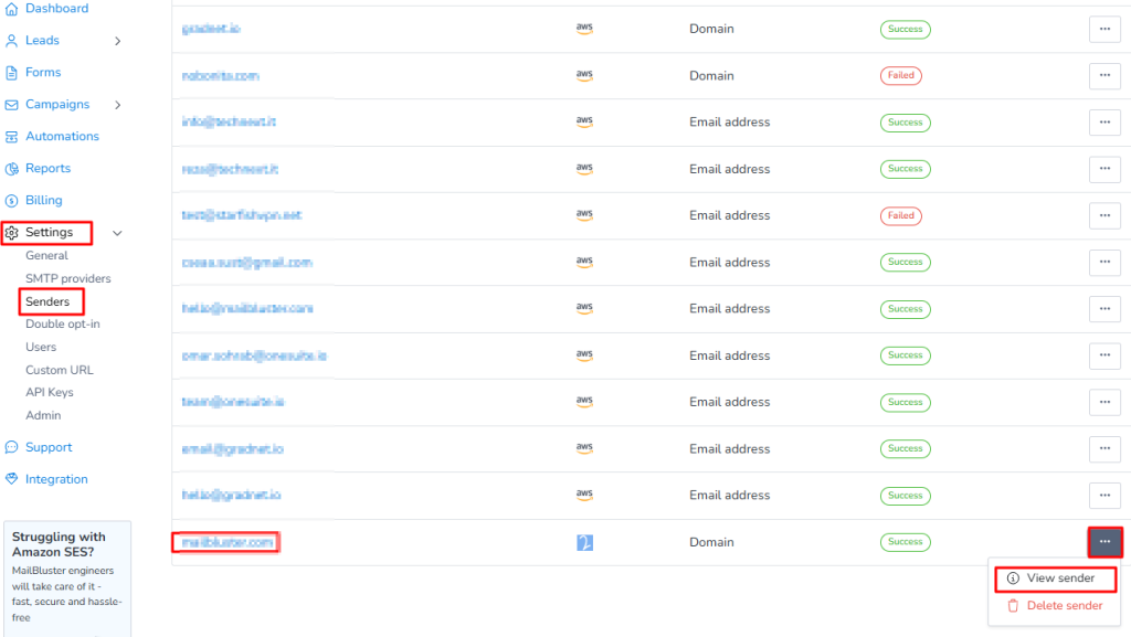 Senders section on MailBluster for SMTP setup