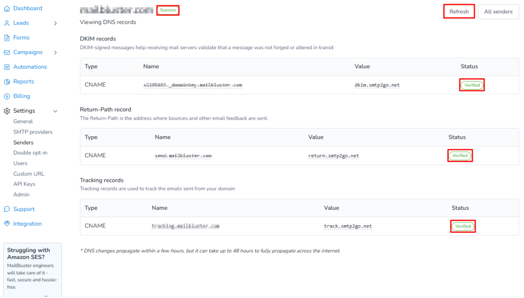 Verified and Successfully connected with DNS records